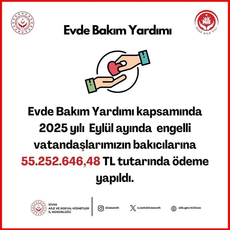 Sivas'ta Evde Bakım Yardımları Eylül Ayında Ödenecek
