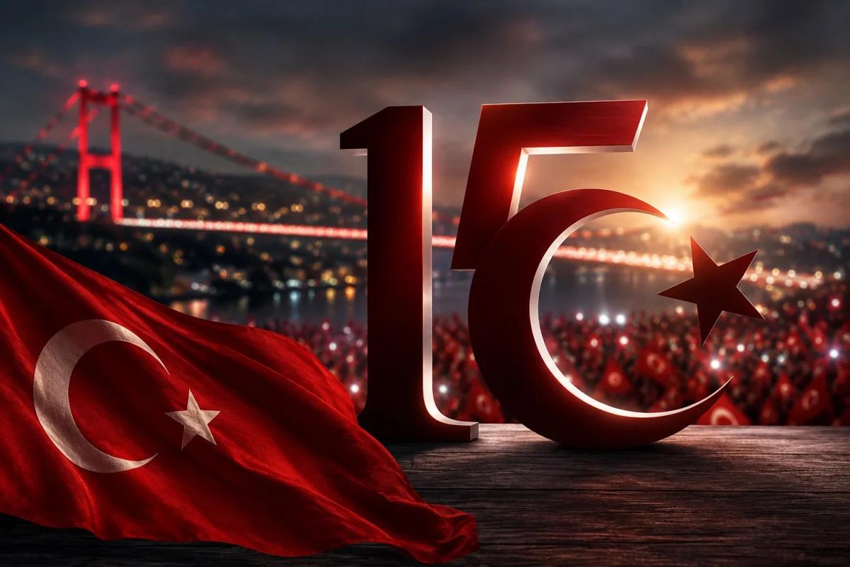 Önde Türk bayrağı, ortada büyük 15 rakamı ve arka planda ışıkları görünen köprüyle kalabalık yer alıyor.
