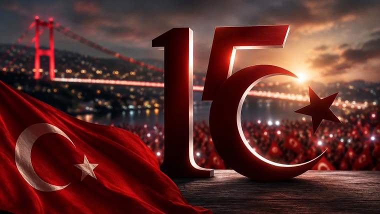 Önde Türk bayrağı, ortada büyük 15 rakamı ve arka planda ışıkları görünen köprüyle kalabalık yer alıyor.