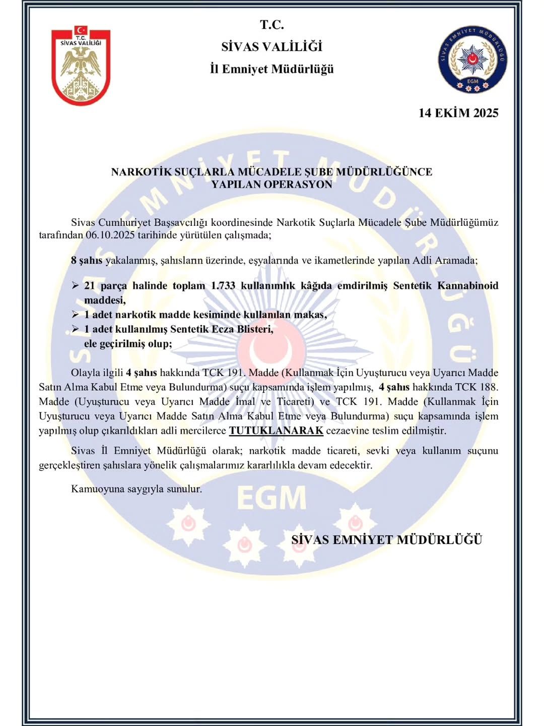Sivas'ta Narkotik Operasyonu: 1 Gözaltı ve Önemli Miktarda Uyuşturucu Ele Geçirildi