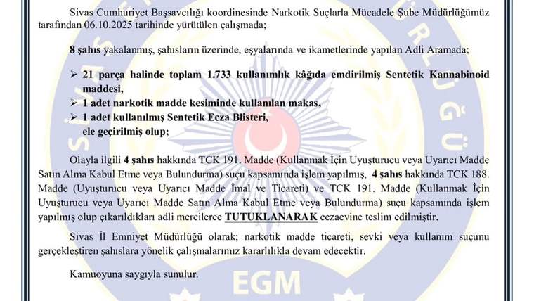 Sivas'ta Narkotik Operasyonu: 1 Gözaltı ve Önemli Miktarda Uyuşturucu Ele Geçirildi