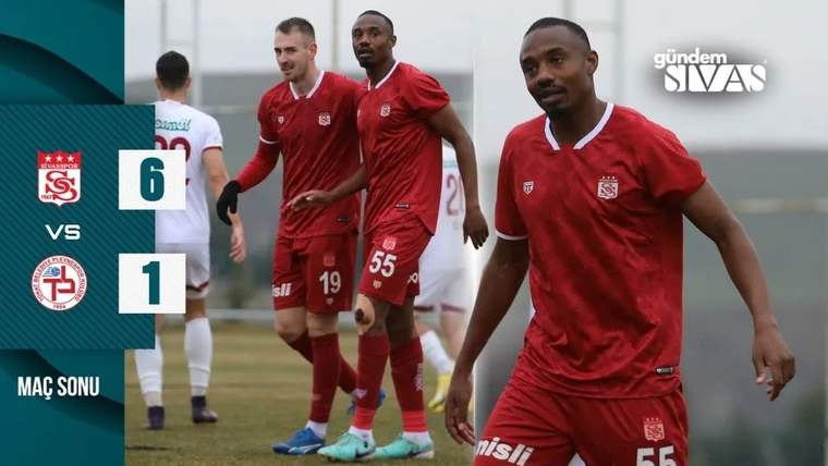 Kırmızı formalı futbolcular sahada yürürken, soldaki skor grafiğinde 6-1 sonucu görülüyor.