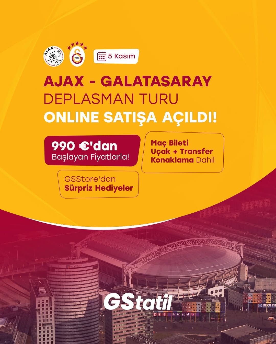 Galatasaray Taraftarlarına Müjde! Ajax Deplasmanı İçin Bilet ve Tur Paketleri Satışta