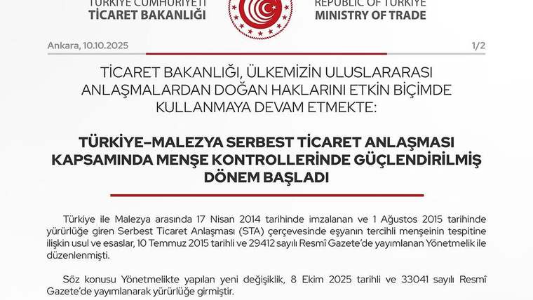 Ticaret Bakanlığı logolu belgede, Türkiye-Malezya anlaşmasının menşe kontrollerine ilişkin açıklama metni yer alıyor.