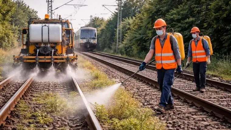Demiryolu hattında ot temizleme çalışması yapan işçiler, arka planda bir tren geçiyor.