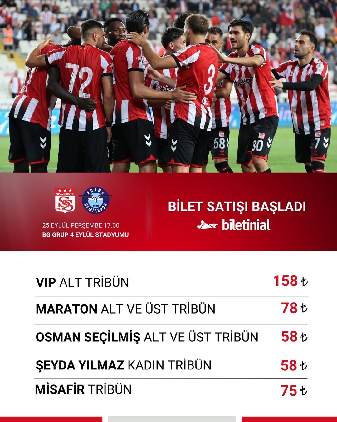 Kırmızı beyaz formalar giyen futbolcular sahada kenetlenirken, altta tribün bilet fiyatları listeleniyor.