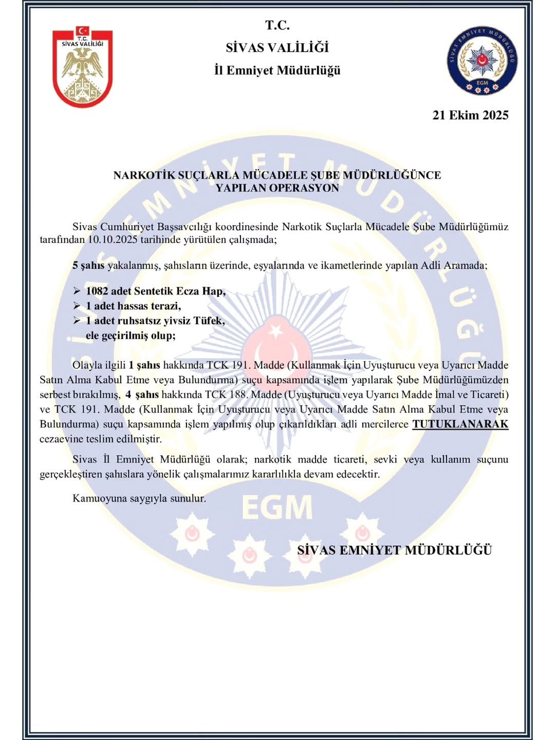 Sivas'ta Narkotik Operasyonu: 7 Gözaltı, 2 Tutuklama