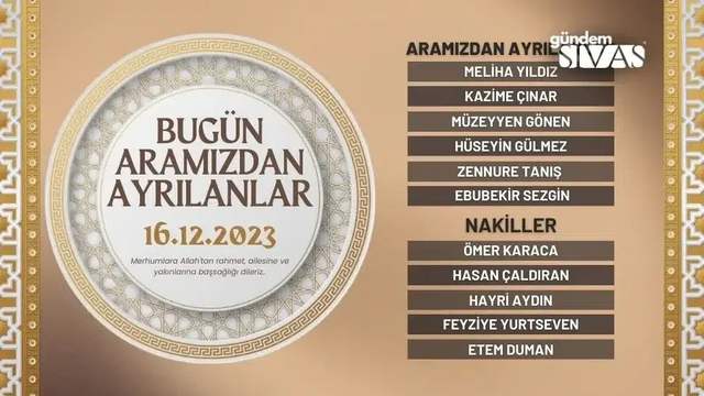 Sivas Vefat Edenler - 16.12.2023