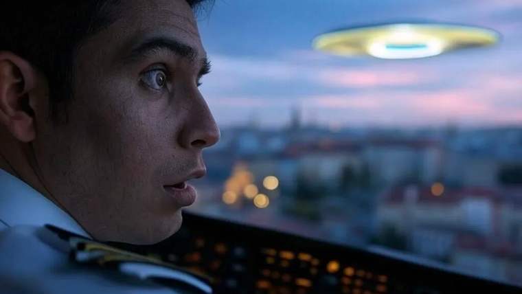 Uçak kokpitinde şaşkın görünen bir pilotun yanında, şehir manzarası üzerinde parlak oval bir cisim görülüyor.