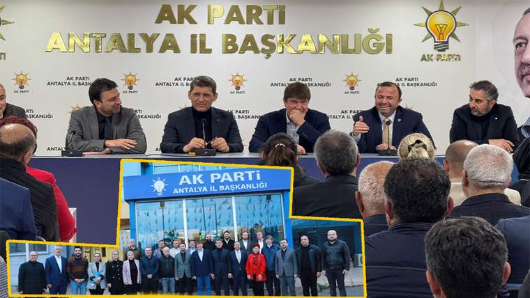 AK Parti Antalya İl Başkanlığı yazılı salonda dört kişi konuşurken, önde dinleyiciler ve toplu fotoğraf kolajı görülüyor.