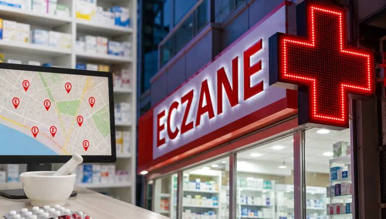 Kırmızı artı işaretli ECZANE tabelası, ilaç rafları ve nöbetçi eczaneleri gösteren harita ekranıyla birlikte görülüyor.