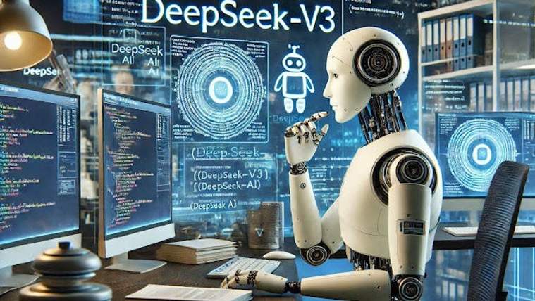 DeepSeek-V3 yazılı ekranların önünde, bilgisayar başında oturan insansı robot görülüyor.