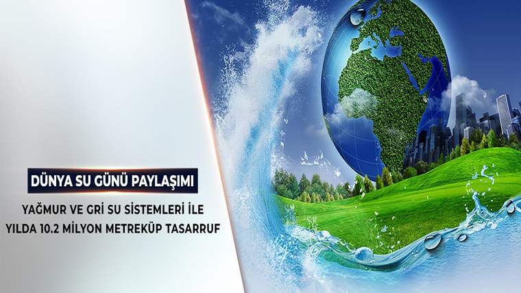 Dünya Su Günü yazılı afişte, su dalgası, yeşil tepeler, ağaçlar ve dünya küresi illüstrasyonu görülüyor.