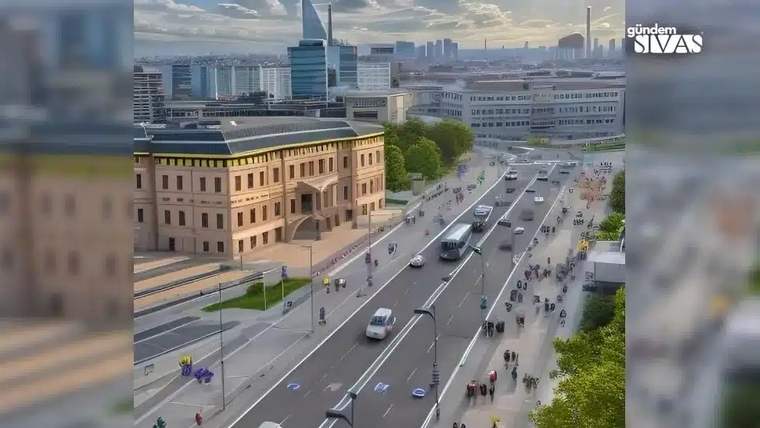 Geniş bir bulvar, çevresinde yayalar ve araçlar bulunan tarihi görünümlü bina ile modern şehir silüeti