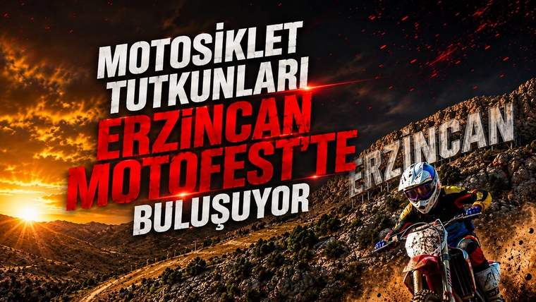 Dağ yamacındaki patikada kasklı bir motosiklet sürücüsü görülüyor; üstte Erzincan Motofest yazısı yer alıyor.