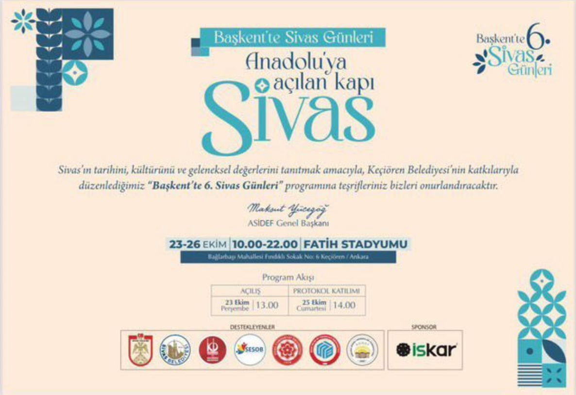 Sivas Günleri etkinliği hakkında bilgi veren bir afiş, tarih ve program akışı içeriyor.