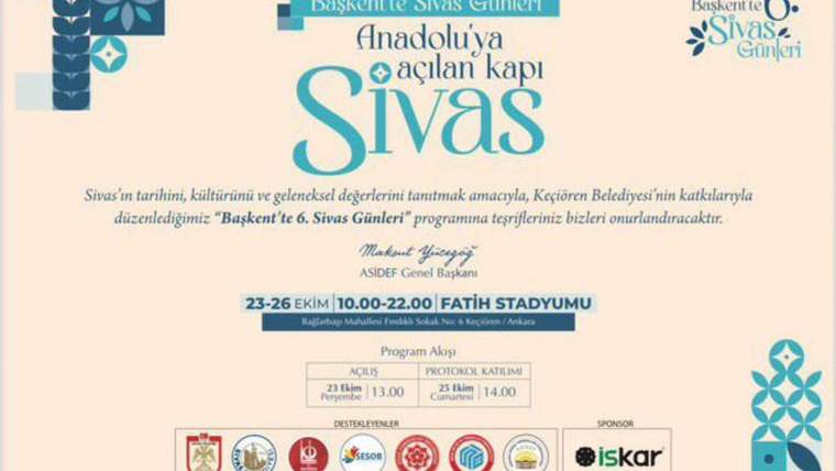 Sivas Günleri etkinliği hakkında bilgi veren bir afiş, tarih ve program akışı içeriyor.