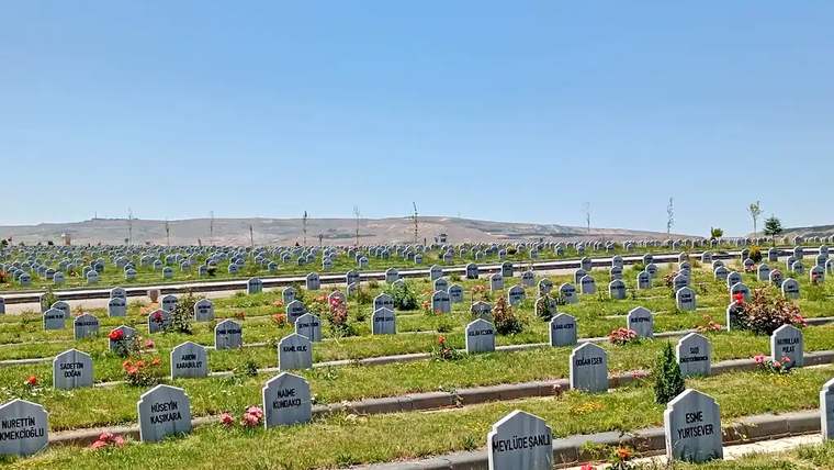 Geniş bir mezarlık alanında, mezar taşları ve çevresinde çiçekler yer alıyor.