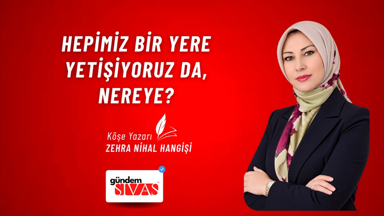 Kırmızı zemin üzerinde başörtülü bir kadın, kolları bağlı duruyor; yanında beyaz yazılar ve Gündem Sivas logosu yer alıyor.