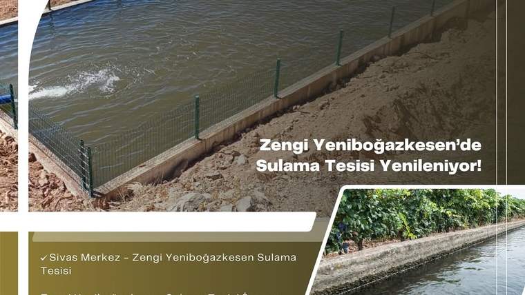 Beton kanallarda akan su ve tel çitler görülüyor; kolajda sulama tesisine ait açıklamalar yer alıyor.