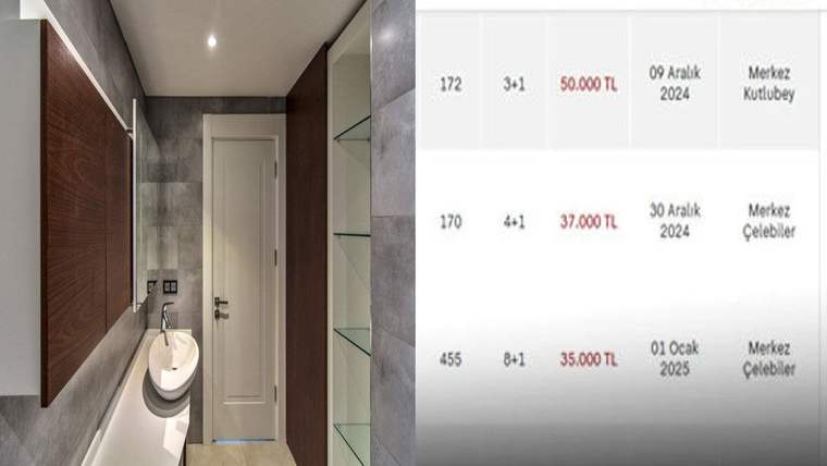 Modern bir banyo ile yanında metrekare, oda sayısı, fiyat ve tarih bilgileri bulunan ilan listesi