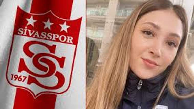 Kırmızı-beyaz atkı ve üzerinde SİVASSPOR yazısı yanında, montlu genç bir kadın görülüyor.
