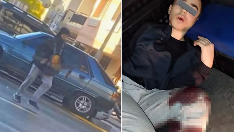 Bir sokakta, siyah kıyafet giymiş bir genç, bir arabanın yanında duruyor; diğer görselde ise genç, bir araca yatmış vaziyette.