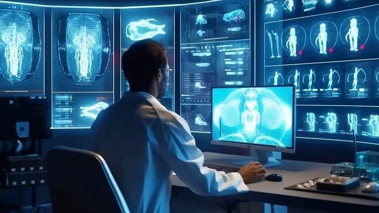 Bir kişi, tıbbi görüntü ve insan anatomisi çizimleri bulunan ekranların önünde bilgisayar kullanıyor.