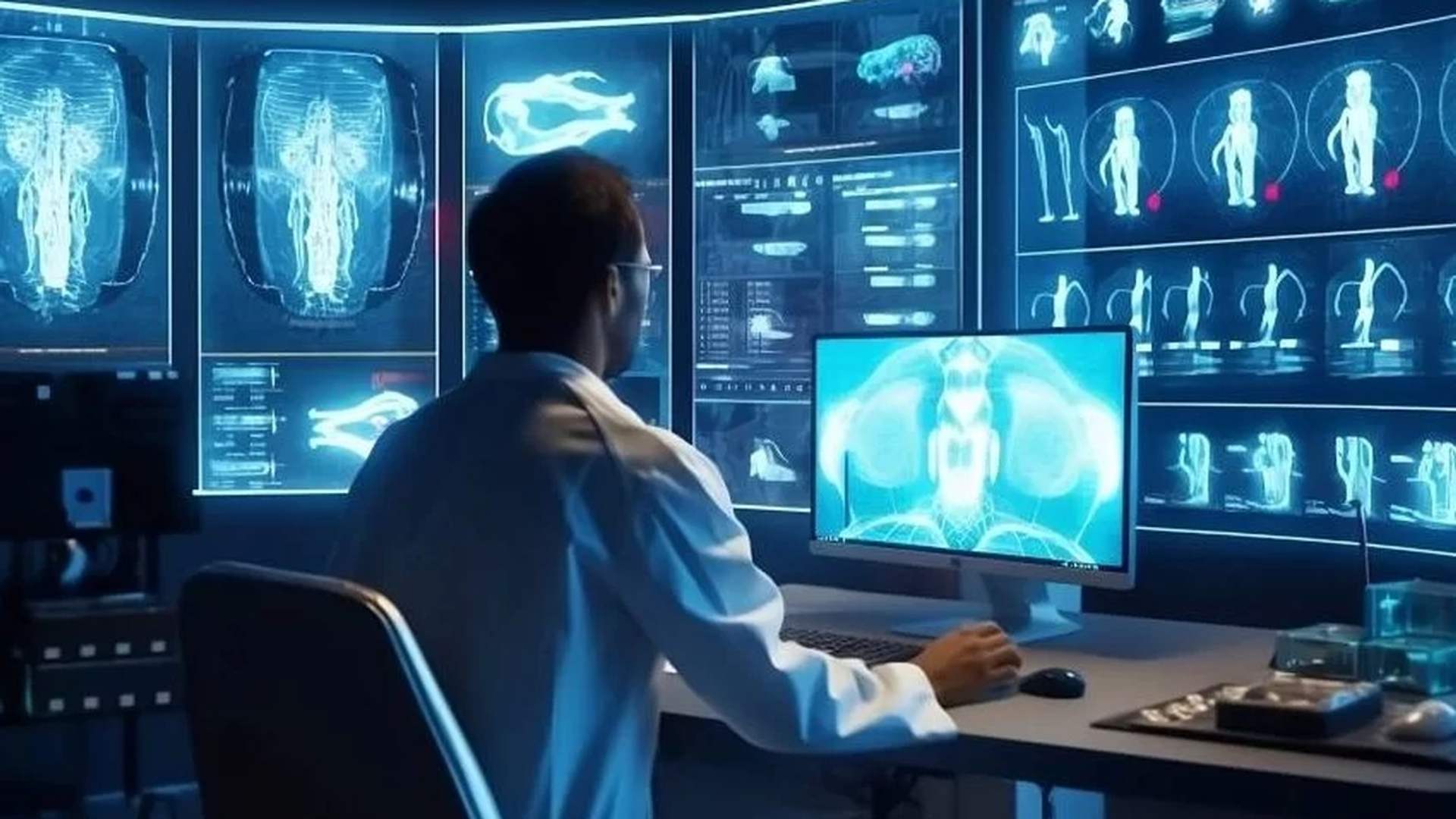 Bir kişi, tıbbi görüntü ve insan anatomisi çizimleri bulunan ekranların önünde bilgisayar kullanıyor.
