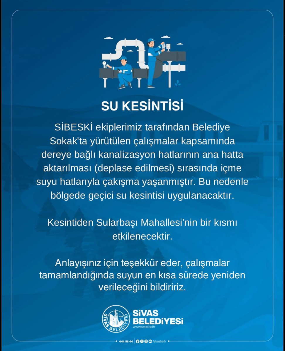 Mavi arka planda su kesintisi uyarısı metni yer alıyor.