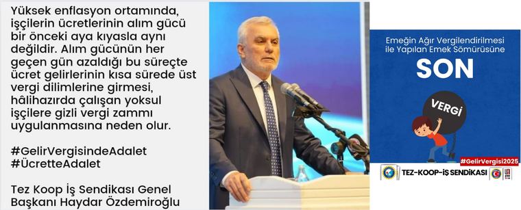 Kürsüde mikrofonla konuşan takım elbiseli bir kişi; yanında vergi konulu yazılar ve illüstrasyon bulunuyor.