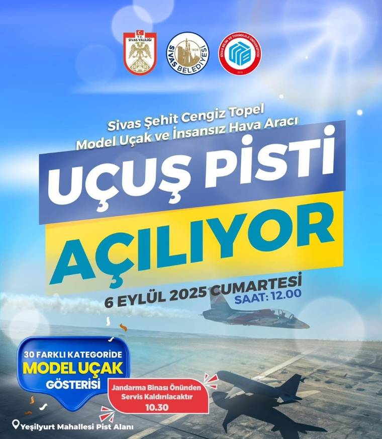Mavi gökyüzü fonunda model uçak görselleri ve pist açılışına ilişkin tarih, saat ve etkinlik bilgileri yer alıyor.