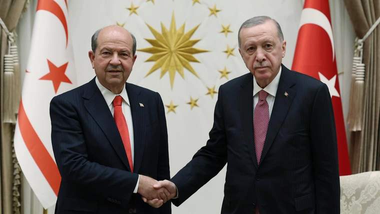 Cumhurbaşkanı Erdoğan ve KKTC Cumhurbaşkanı Tatar, el sıkışarak poz veriyor.