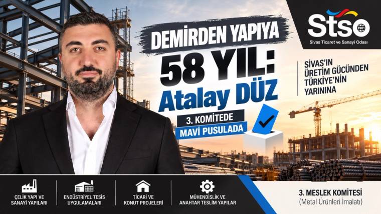 İnşaat çelikleri önünde bir erkek portresi ve yanında Atalay Düz yazılı seçim tanıtım afişi