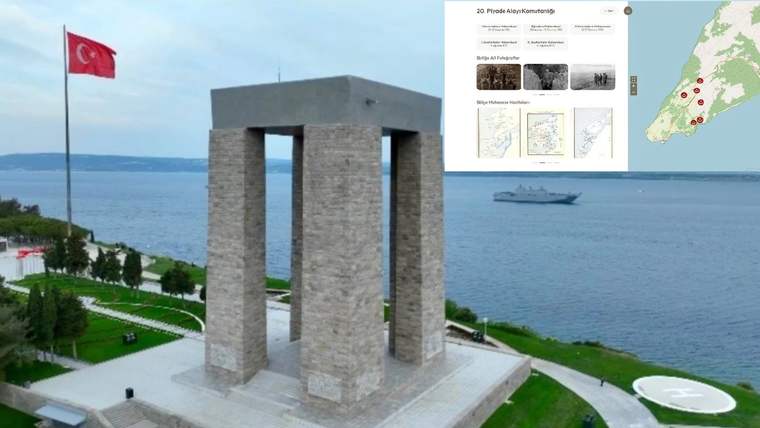 Çanakkale'de yer alan anıt, deniz manzarası ve Türk bayrağı ile birlikte görünmekte.