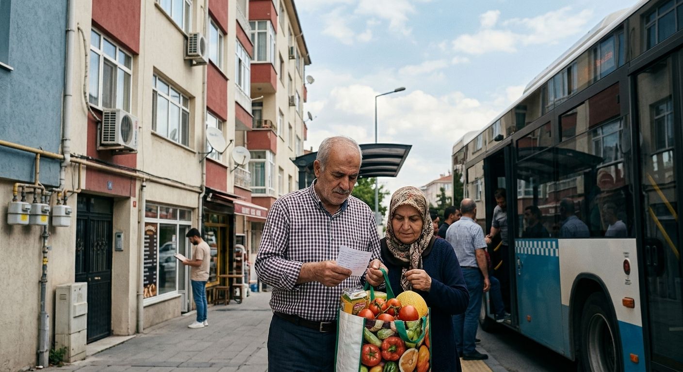 Kaldırımda alışveriş poşeti taşıyan yaşlı çiftin yanında duran şehir içi otobüsü ve cadde binaları görülüyor.