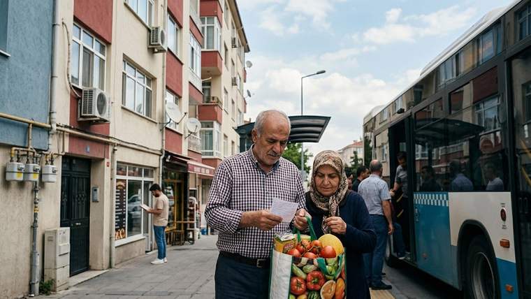 Kaldırımda alışveriş poşeti taşıyan yaşlı çiftin yanında duran şehir içi otobüsü ve cadde binaları görülüyor.