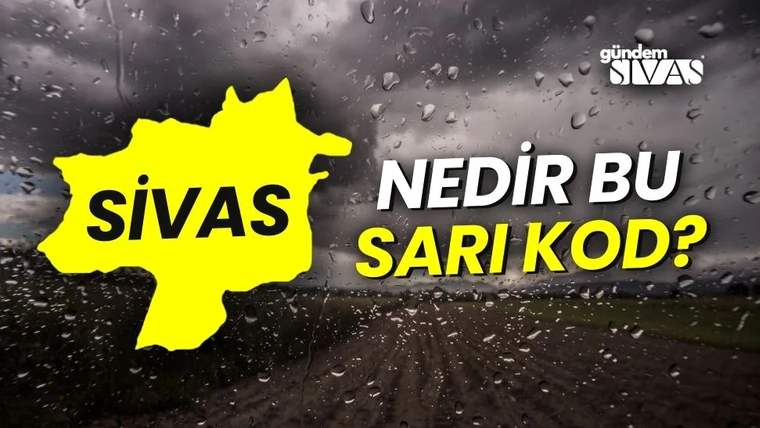 Yağmur damlalarıyla kaplı cam önünde sarı Sivas haritası ve “NEDİR BU SARI KOD?” yazısı yer alıyor.