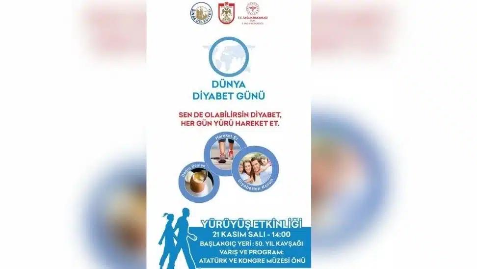 “Dünya Diyabet Günü” başlıklı afişte, 21 Kasım saat 14.00’te yürüyüş etkinliği duyuruluyor.
