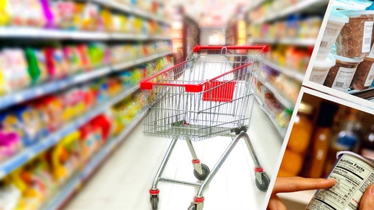 Bir süpermarket koridorunda alışveriş sepeti, raflarda çeşitli gıda ürünleri yer alıyor.