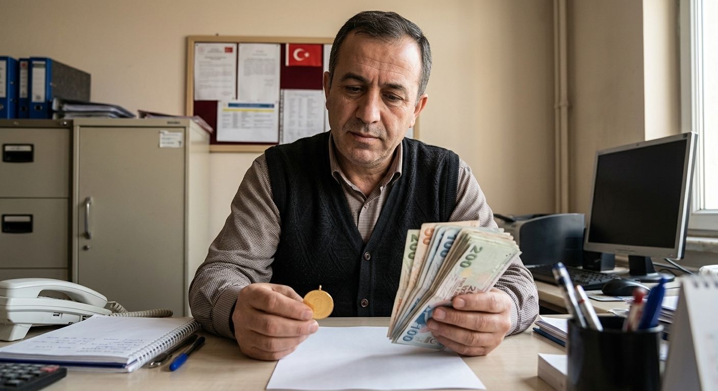 Masa başında oturan bir kişi, elindeki banknotlarla altın renkli bir madeni parayı inceliyor.