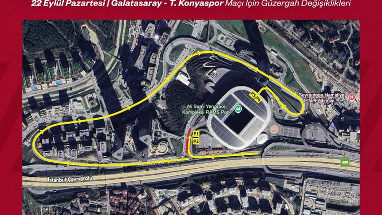 RAMS Park maç günü otopark bilgilendirmesi yazılı afişte, sarı güzergâh işaretli stadyum haritası bulunuyor.