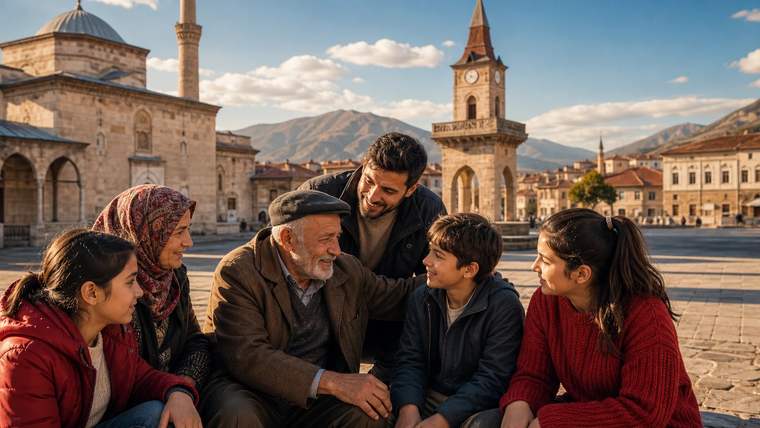 5 Ağustos Dünya Sivaslılar Günü için Sivas kent meydanında buluşma temasını yansıtan editoryal görsel