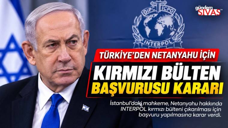 İsrail bayrağı önünde takım elbiseli bir erkek, INTERPOL amblemi ve kırmızı bülten yazısıyla yer alıyor.