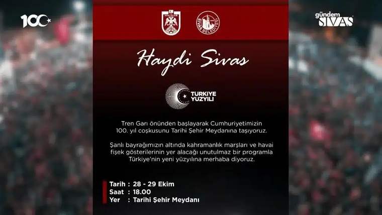 Tarihi Şehir Meydanı'nda Cumhuriyet'in 100. yılı etkinliği için davet metni.
