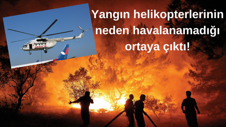 Alevlerin yükseldiği bir ormanlık alanda, yangınla mücadele eden iki kişi ve bir yangın helikopteri havalanmak üzere.