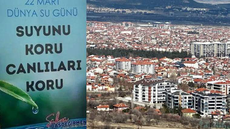 “22 Mart Dünya Su Günü” yazılı su temalı afişin yanında, yoğun yapılaşmanın görüldüğü kent manzarası