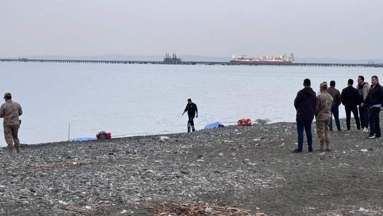 Kıyıda, bir grup insan deniz kenarında duruyor; bazıları suya doğru ilerliyor.