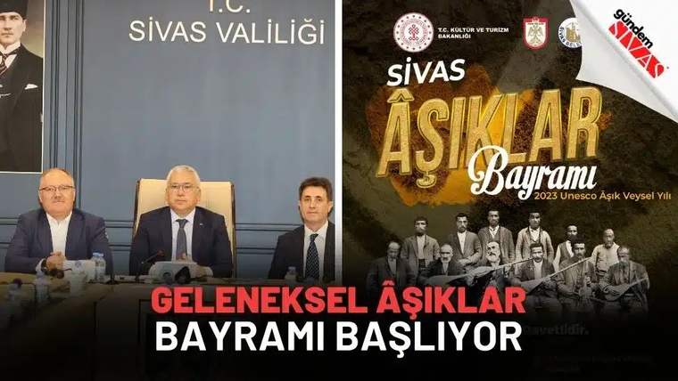 Sivas Valiliği'nde oturan üç kişi, arka planda Aşıklar Bayramı afişi var.