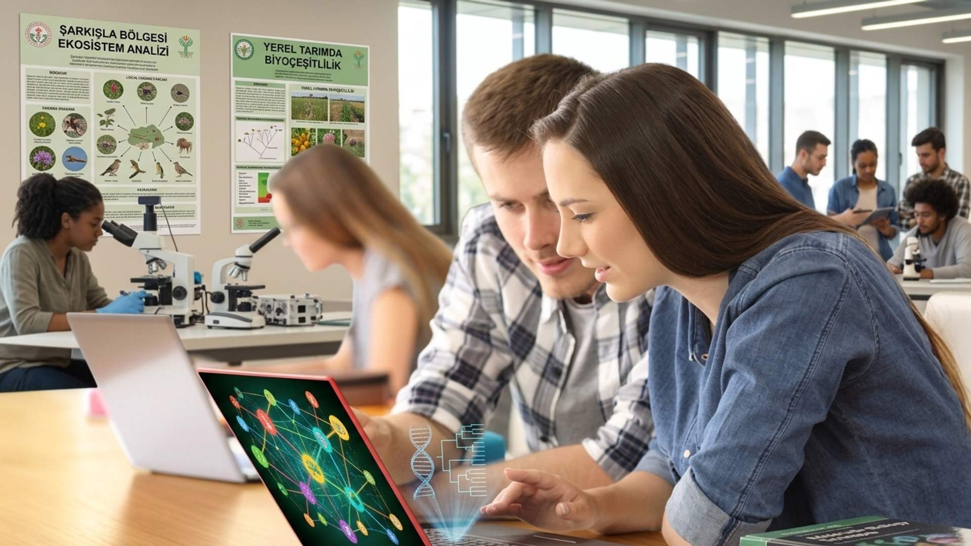 Laboratuvar ortamında iki öğrenci dizüstü bilgisayardaki bilimsel görüntüyü incelerken çevrede mikroskoplar görülüyor.